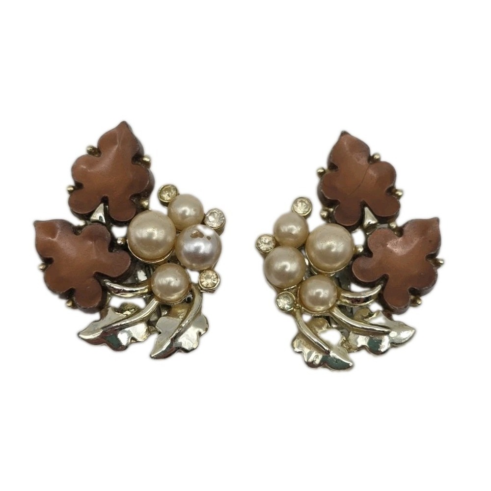 Vintage Grape Leaf Faux Pearl Cluster Rhinestone Retro Lucite Clip-on Earrings